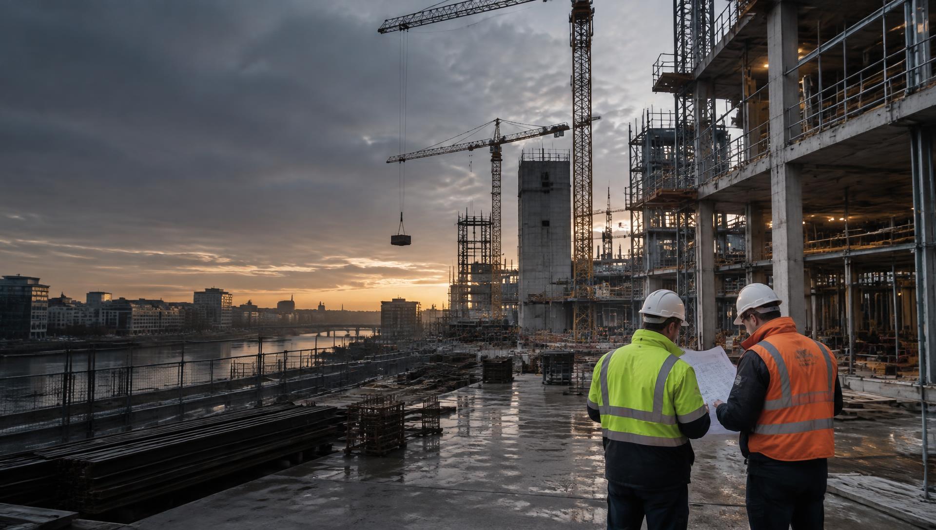 Construction professionals reviewing plans on a commercial building project